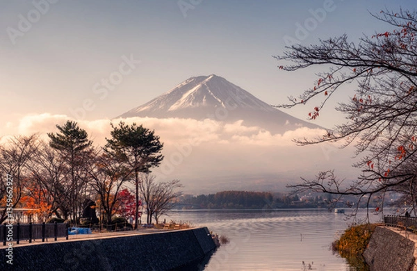 Fototapeta Fuji-san with cloudy in autumn garden at Kawaguchiko lake
