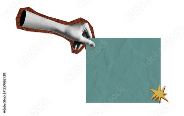 Fototapeta Hand holding a speech bubbles. Social media communication. Collage contemporary art isolated Halftone design. For creative ideas, quote.