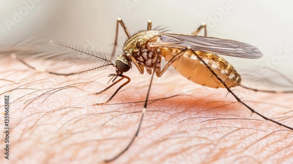 Fototapeta Detailed close-up of a mosquito feeding on human skin in a domestic setting during daylight