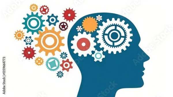 Fototapeta Creative representation of a mind with colorful gears symbolizing thought processes.