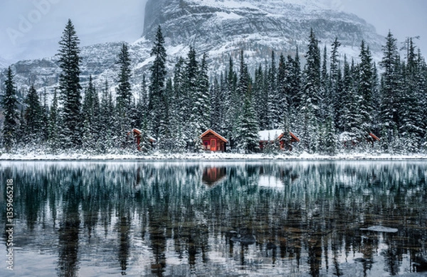 Fototapeta Wooden lodge in pine forest with heavy snow reflection on Lake O'hara at Yoho national park