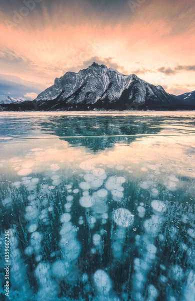 Fototapeta View of Abraham Lake with natural bubbles frost in the morning on winter at Banff national park