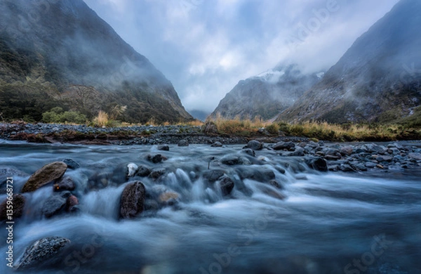 Fototapeta Landscape of Monkey Creek with flowing stream as a beautiful spot on the road to Milford Sound