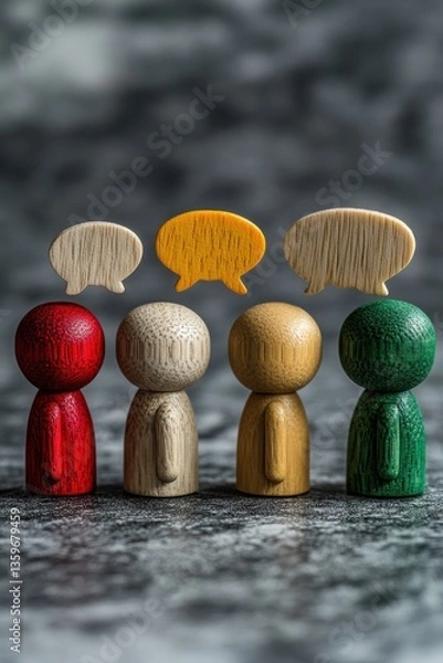 Obraz Wooden figures with speech bubbles symbolizing communication and dialogue