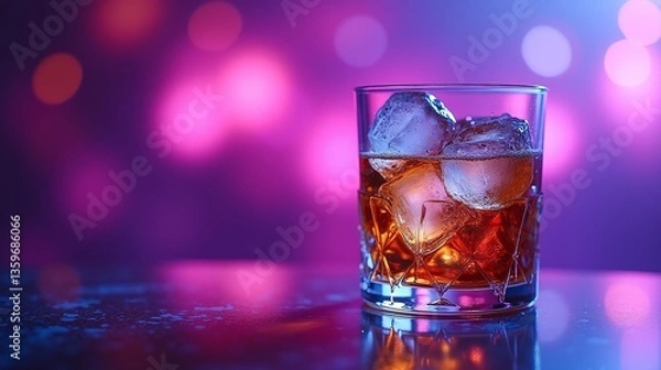 Fototapeta A glass of amber-colored spirit with ice cubes, set against a vibrant, blurred bokeh background.