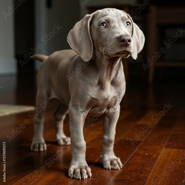 Fototapeta Weimaraner Puppy with Silver Coat Standing on a Wooden Floor – Curious and Elegant