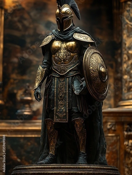 Fototapeta A golden and dark warrior is standing proudly with armor and shield