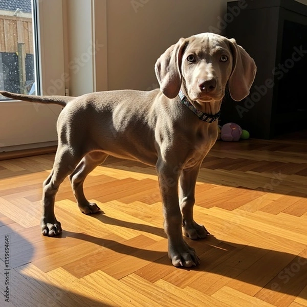 Fototapeta Weimaraner Puppy with Silver Coat Standing on a Wooden Floor – Curious and Elegant