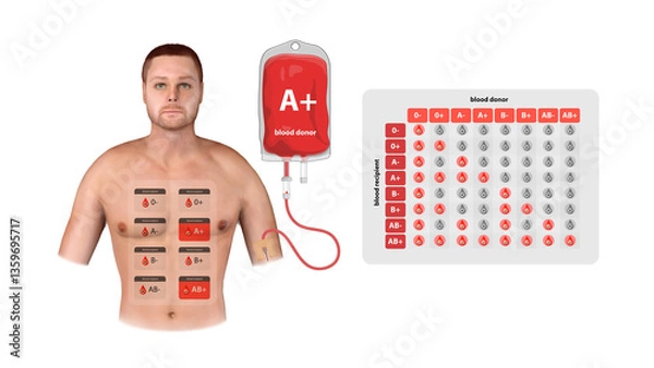 Obraz A 3D medical infographic of A Positive blood donation, illustrating transfusion process, compatibility, and recipient eligibility