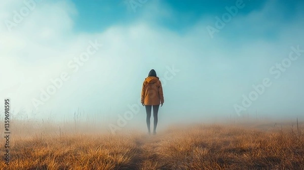 Fototapeta Solitude in the Misty Field: A Woman's Journey into the Unknown