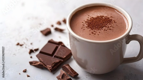 Fototapeta Warm comforting cup of rich hot chocolate garnished with cocoa powder next to broken pieces of dark chocolate bar on a light grey surface.