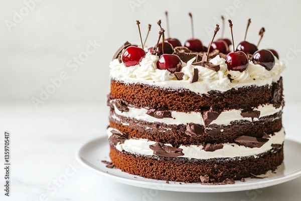 Fototapeta A delicious slice of brown chocolate cake with white cream and cherry on a plate