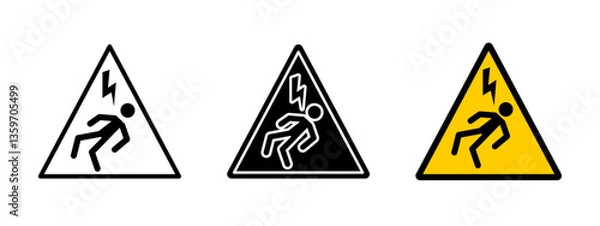 Fototapeta Warning electricity icon. High voltage danger symbol with electric shock pictogram. Electrical hazard sign for safety and risk prevention. Power accident alert triangle vector illustration.
