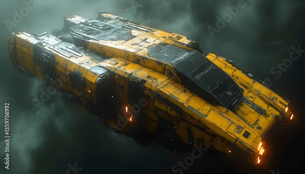 Obraz Yellow Pixelated Spaceship Hovering In Dark Space