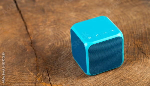 Obraz Blue bluetooth speaker cube on wood background
