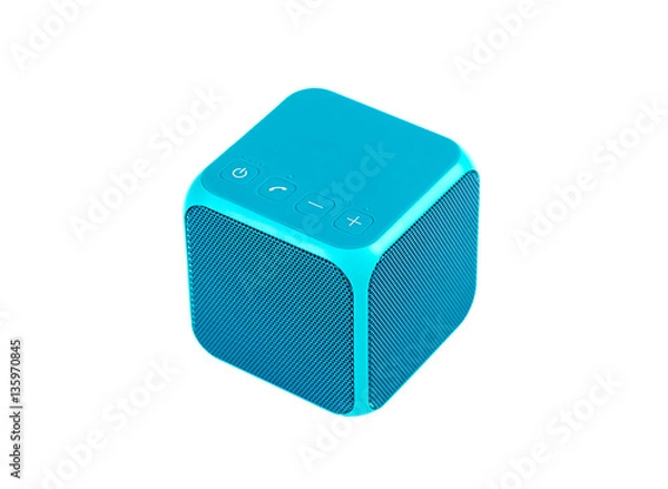 Obraz Blue bluetooth speaker cube isolated on white background