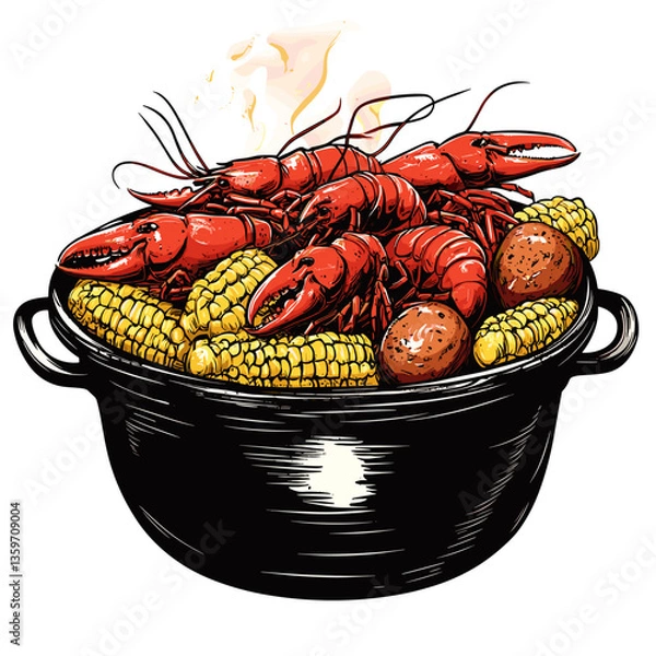 Obraz Crawfish Boil with Corn and Potatoes Illustration