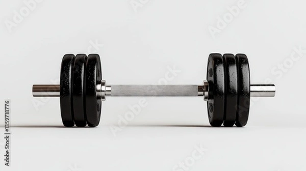 Fototapeta Strength in Stillness: A sleek barbell with weights, isolated, symbolizing the strength and discipline of fitness and athletic training.