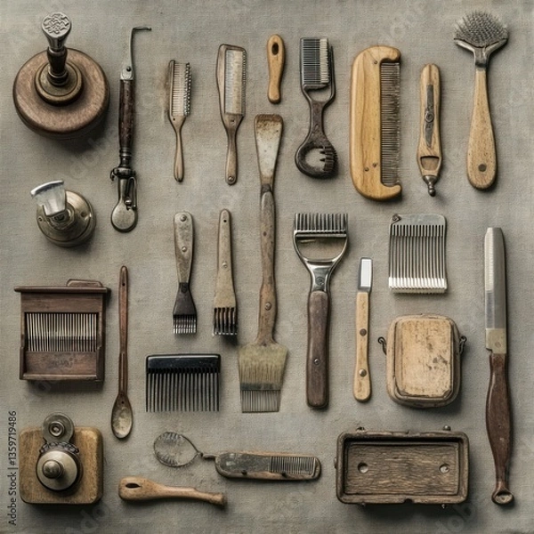 Fototapeta Vintage grooming and crafting tools.  A collection of antique tools, arranged in a grid pattern, showcasing their aged and worn surfaces.  