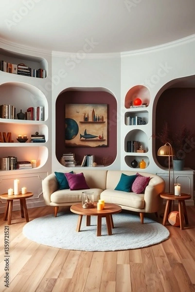 Obraz A modern Scandinavian interior with a round sofa, wooden side tables, candles, and curved white shelves filled with books