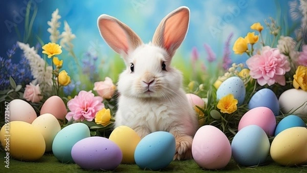 Fototapeta "Easter Monday Celebration: A White Rabbit Surrounded by a Stunning Pile of Colorful Eggs – Perfect Easter Wallpaper"