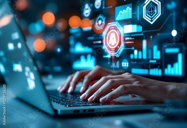 Fototapeta "Professional in Formal Attire, Advanced AR Display with Teamwork and Finance Icons – Futuristic Business Technology"

