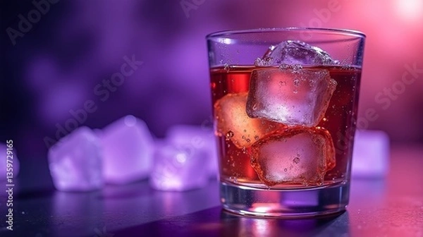 Fototapeta A glass of vibrant, chilled beverage with sparkling ice cubes against a radiant, gradient background.