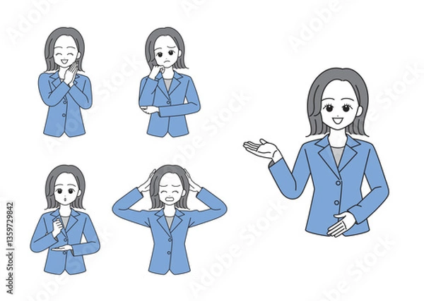 Fototapeta スーツを着た働く女性のイラストセット（ブルー）