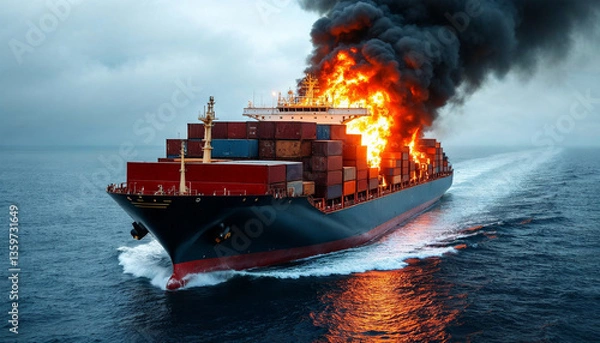 Fototapeta shipping ship logistic fire in the middle of the sea