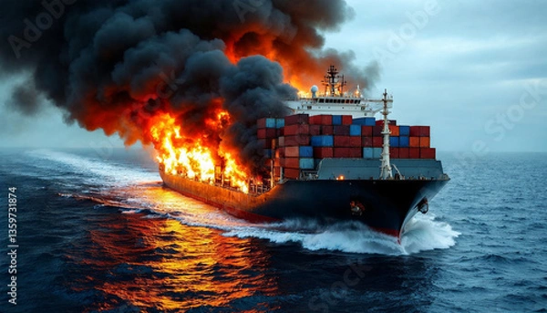 Fototapeta shipping ship logistic fire in the middle of the sea