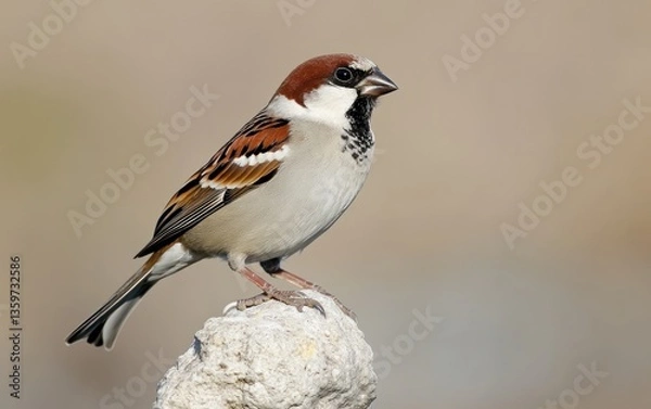 Fototapeta A male house sparrow perched on a textured, light-colored surface against a blurred neutral background. The bird's plumage exhibits a mix of brown, gray, and white feathers. The lighting is soft and
