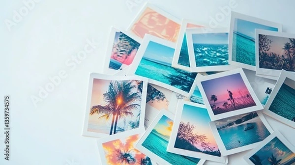 Obraz Pile of colorful tropical travel photo prints with ocean, palm trees, and sunset scenes on white background for vacation memories