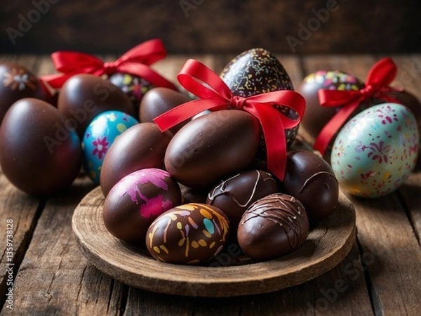 Fototapeta Oeufs de Pâques en chocolats sur un plateau en bois et une table rustique