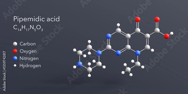 Fototapeta Pipemidic acid molecule 3d rendering, flat molecular structure with chemical formula and atoms color coding
