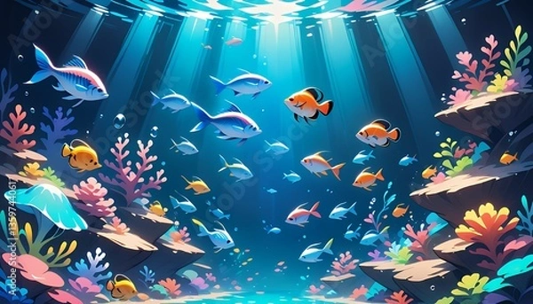 Fototapeta Colorful Pixel Art Underwater Scene with Fish and Coral Reefs
