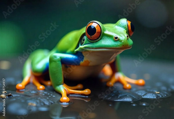 Fototapeta A green tree frog with orange eyes sitting on a wet rock, dark green background