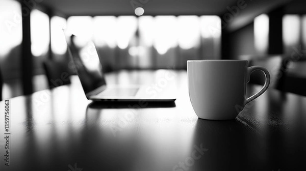 Fototapeta Une tasse de café et un ordinateur ouvert, posés sur un bureau, en noir et blanc, effet bokeh