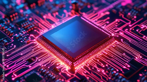 Fototapeta Neon Circuit Board Dissolving Into Vibrant Digital Data Streams