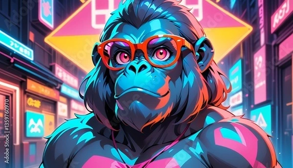 Fototapeta Stylish Chimpanzee in Neon City Pixel Art
