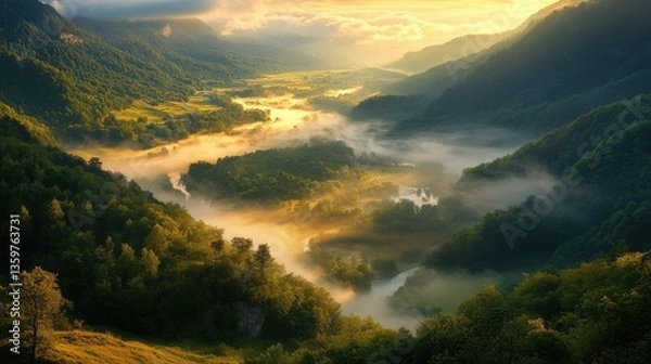 Fototapeta Serene sunrise over a winding river valley, surrounded by lush greenery and misty mountains in the background