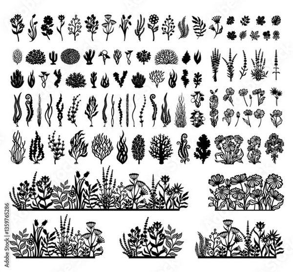Fototapeta Big set of plants. Collection of maple, oak leaves, algae, branches, lavender flowers, chamomile, tulips, bushes, twigs. Black objects isolated on a white background. Theme of nature, parks, gardens.