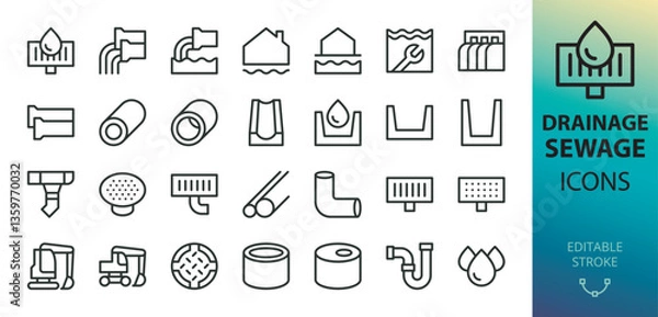 Fototapeta Drainage and sewage system line icons set. Set of waste water pipe, groundwater, sewerage, drain trap, rain gutter, concrete U channel drain, manhole cover vector icon with editable stroke
