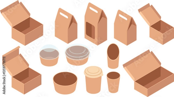 Obraz Collection of isometric packaging containers. Fast food takeaway package. Set of cylindrical cardboard tubes and containers. .Vector illustration isolated on white background