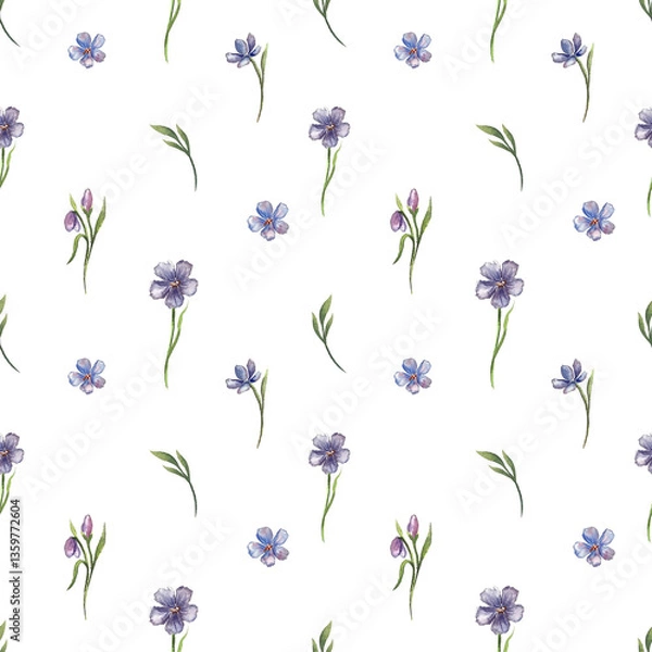 Fototapeta Seamless watercolor floral pattern with delicate wildflowers. Elegant hand-painted botanical design for fabric, wallpaper, invitations, and scrapbooking. Soft natural aesthetics in pastel tones