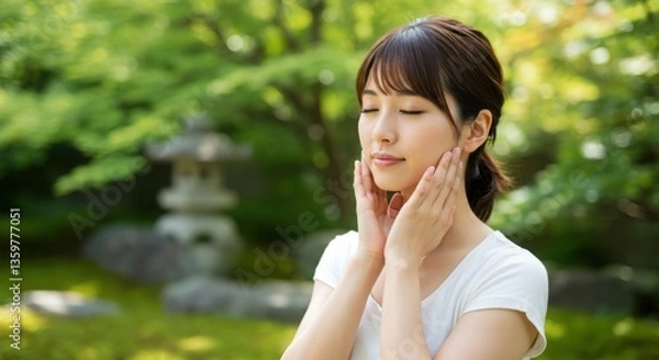 Obraz 春の日本庭園、若い女性、瞑想、安らぎ：美しい自然と静寂のひととき、癒しの風景写真