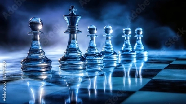 Fototapeta A close-up of glass chess pieces on a chessboard, illuminated with dramatic lighting.