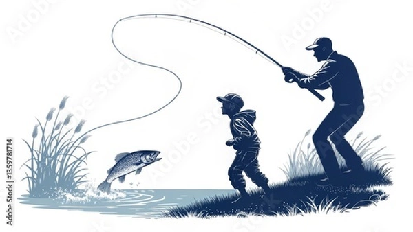 Fototapeta Illustration of father and son fishing together at lake as large fish leaps from water symbolizing joy, success, generational bonding, and outdoor recreation in retro graphic style