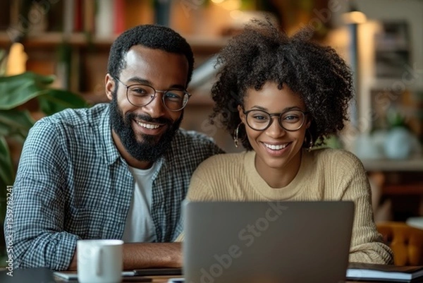 Fototapeta Couple enjoying a cozy evening together while working on a laptop in a stylish café