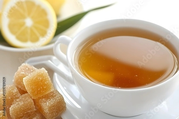 Fototapeta Closeup of Aromatic Tea Cup with Lemon and Brown Sugar Cubes