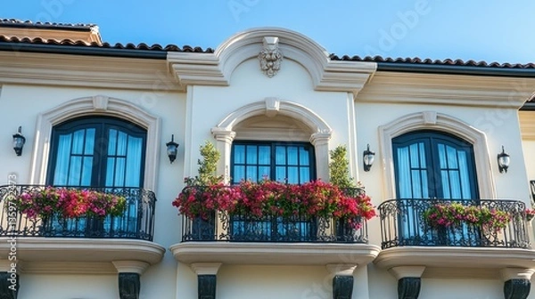 Obraz Classic European-style hotel exterior with charming balconies, flower-filled window boxes, and historic architecture.